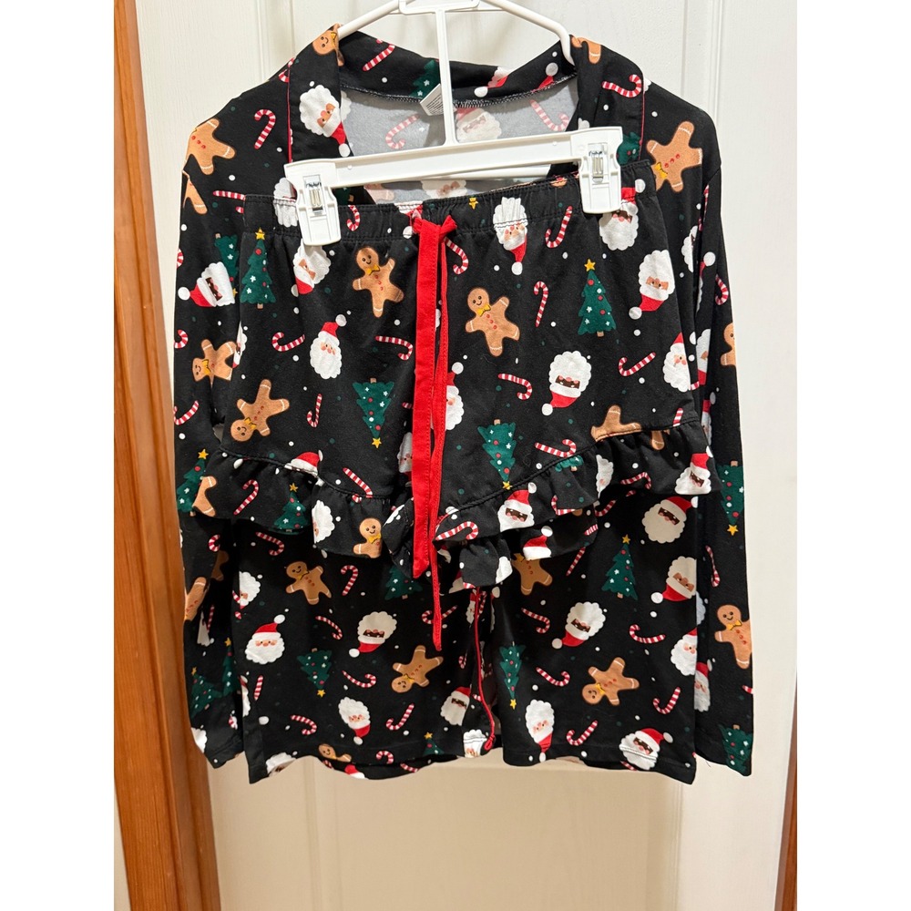 Holiday Pajama Set Santa Gingerbread Tree Black Red Ruffle Shorts Small